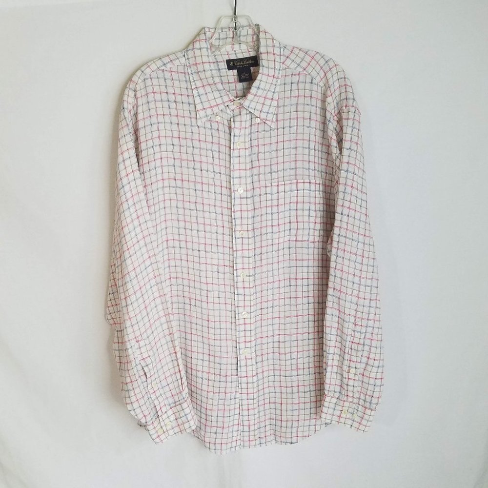 Brooks Brothers Plaid Irish Linen Long Sleeve Button Front Shirt‎ Mens XL